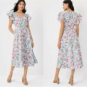 Ann Taylor Size 6 Strawberry Cherry Flutter Sleeve Light Blue Flare Midi Dress
